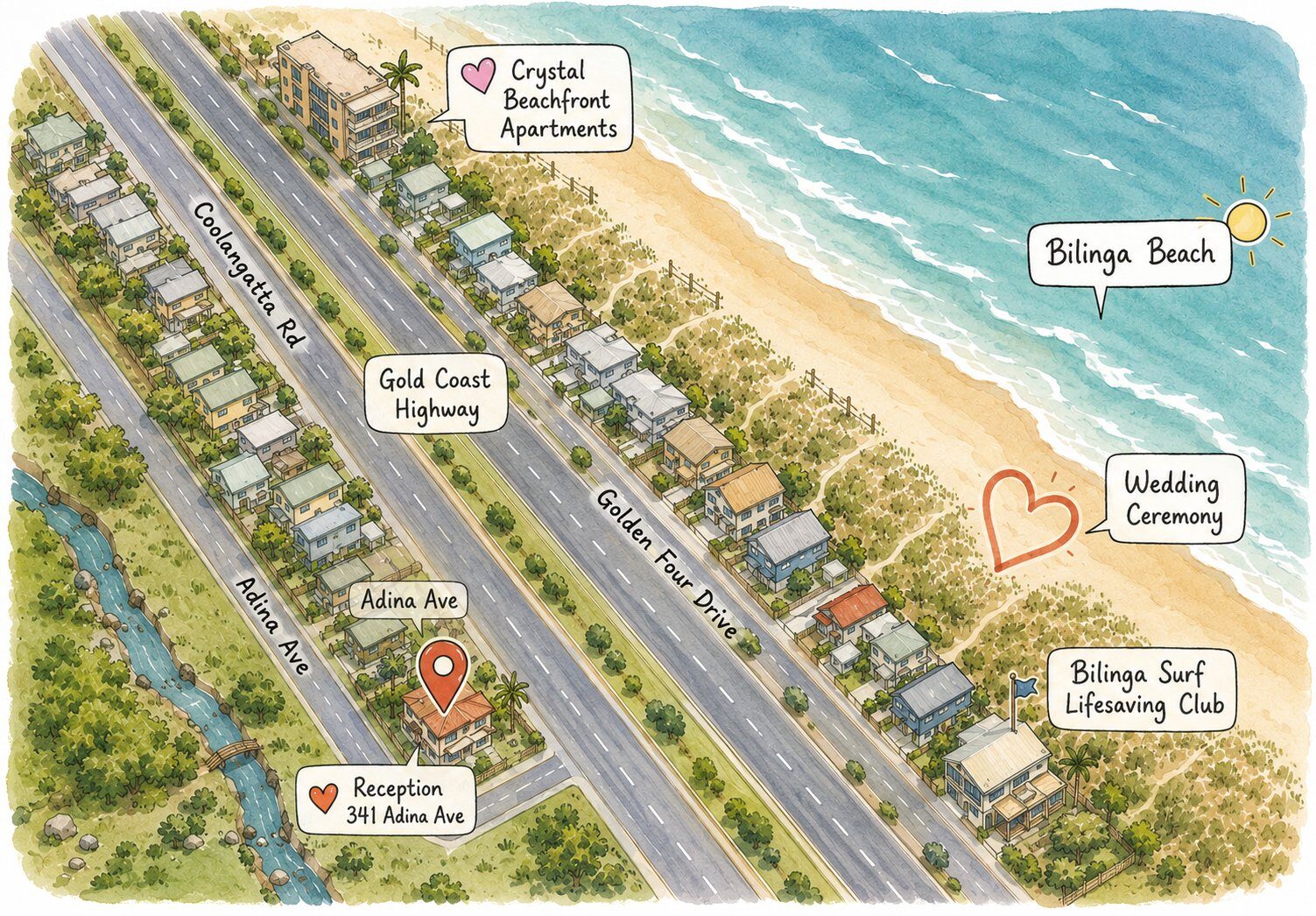 Illustrated map showing the ceremony location on Bilinga Beach and the reception venue on Adina Ave